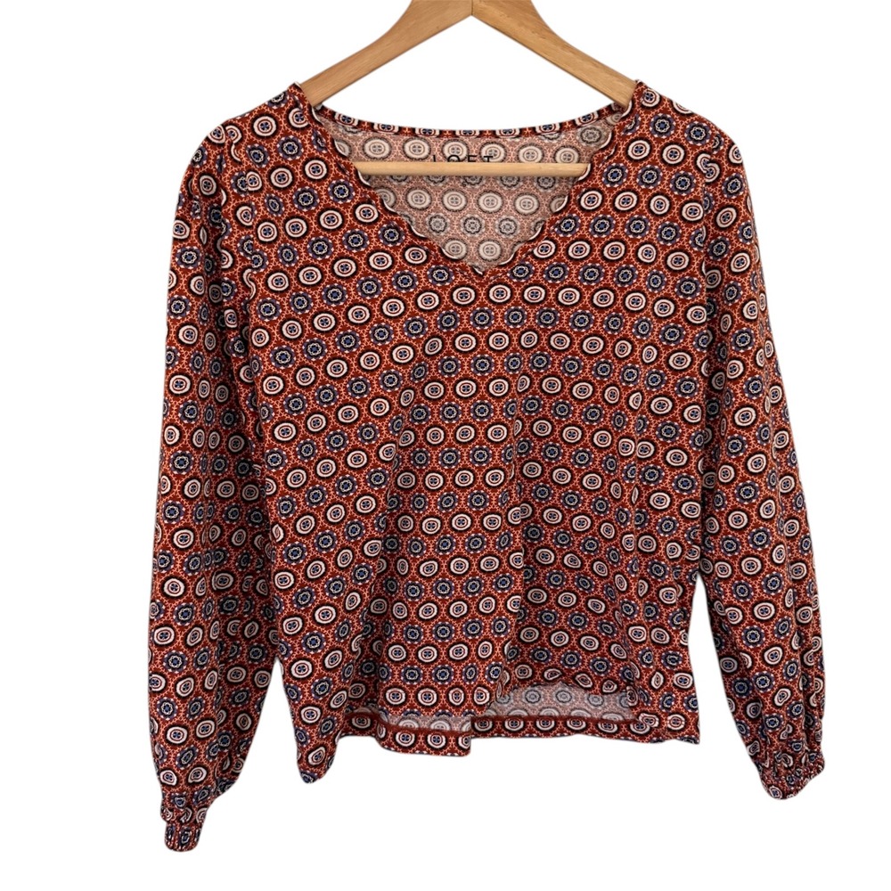 LOFT Women's Size S Geometric Print V Neck Long Sleeve Casual Top Blouse